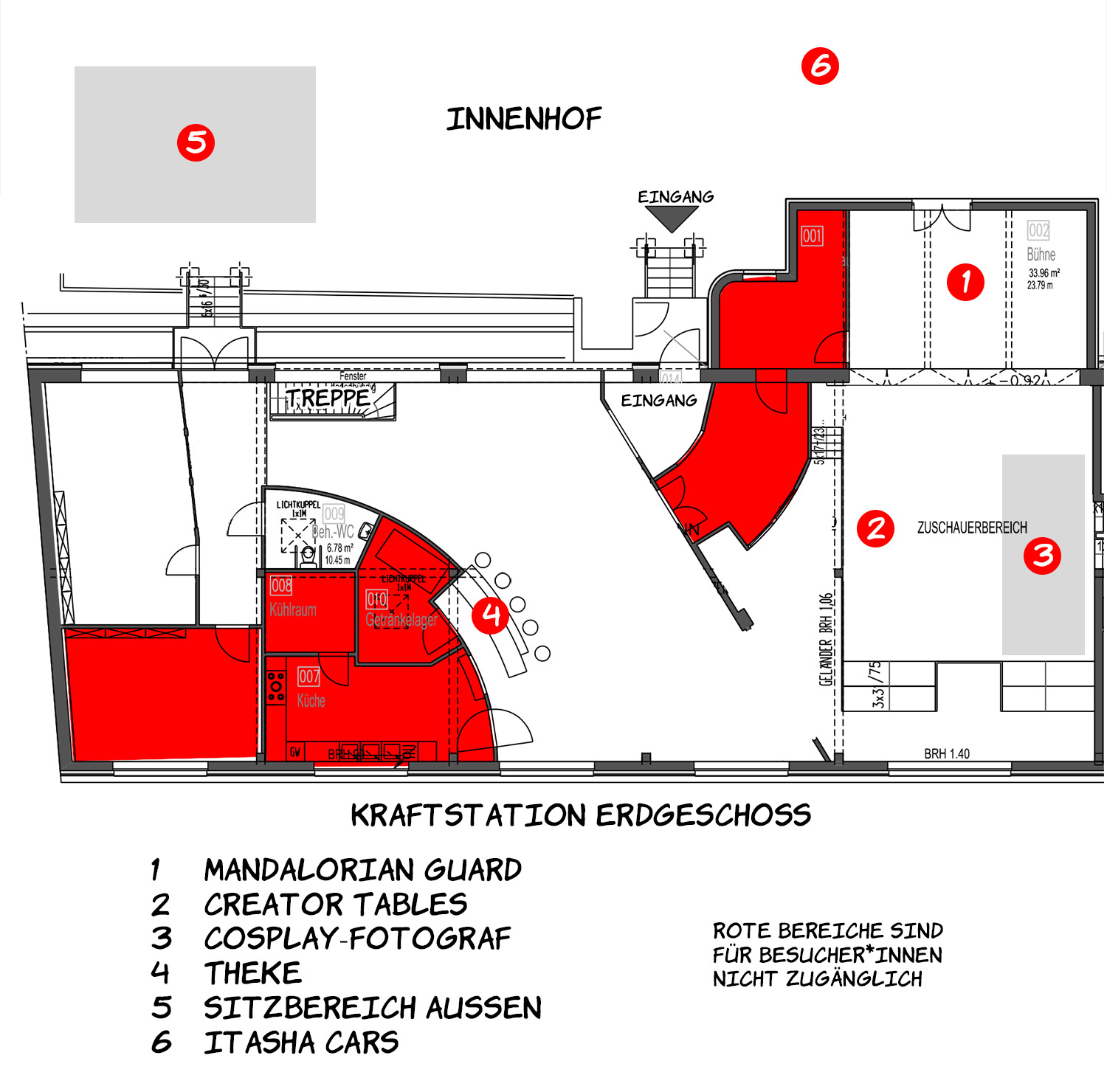 aussteller2025 oben Kraftstatiion Erdgeschoss 1 Mandalorian Guard 2 Creator Tables 3 Cosplay-Fotograf 4 Theke 5 Sitzbereich aussen 6 Itasha Cars