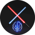 Zwei gekreuzte Laserschwerter, eins blau, eins rot